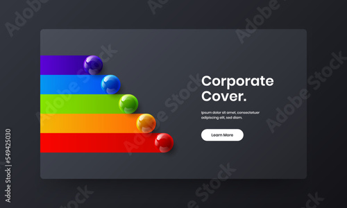 Minimalistic annual report design vector template. Colorful realistic spheres leaflet illustration.