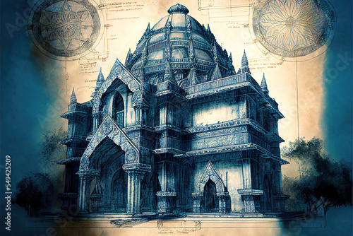 AI generated image of the blueprint or construction plan of an ancient Hindu temple in India 