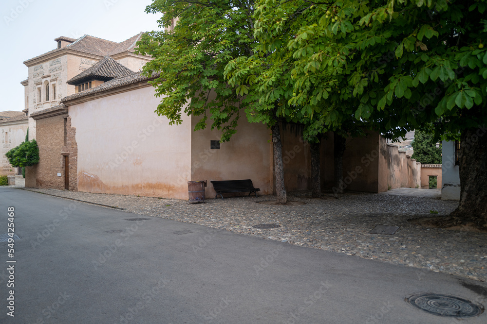 An historic latin street with park bench and a tree, surrounded by cobble stone and walled gardens. Backdrop for graphic resource or decorative copy space.