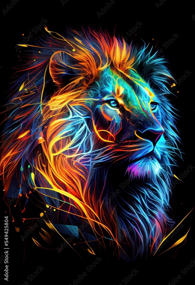 lion Portrait illustration in vibrant colors abstract neon Stock ...
