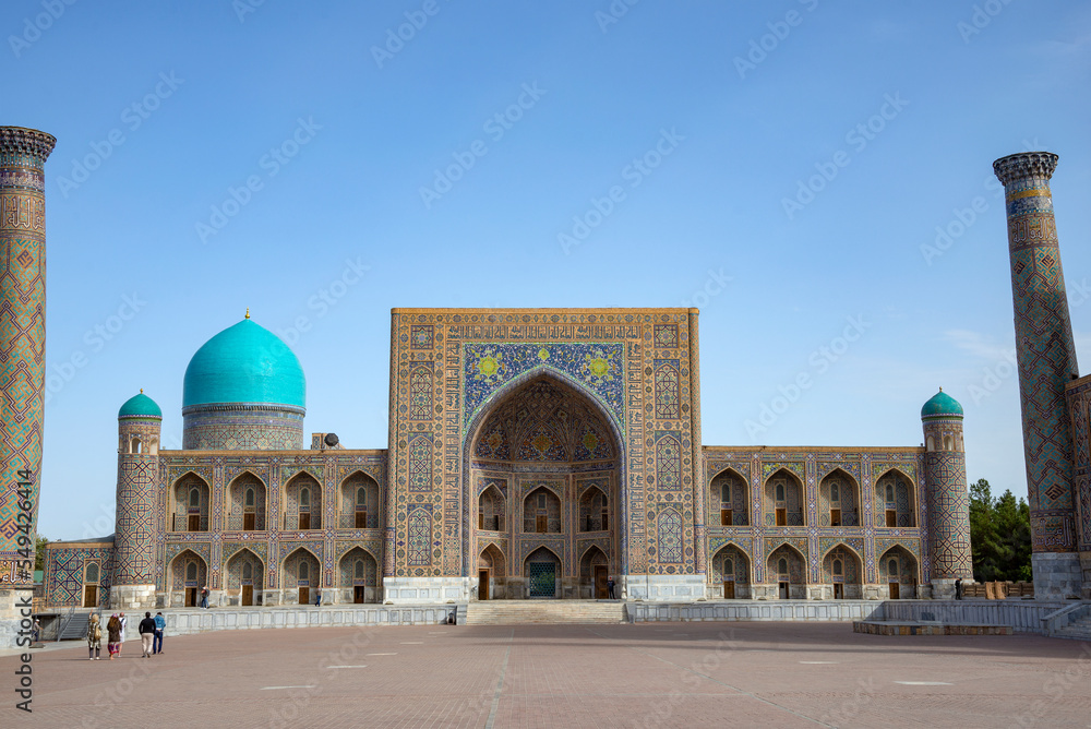 The ancient Tillya-Kari Madrasah in the center of Registan Square. Samarkand, Uzbekistan
