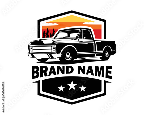 vector illustration of c10 truck logo isolated white background showing from side with sunset view. best for the trucking industry.