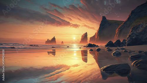 sunset over the rocky coast with sea stacks and cliffs