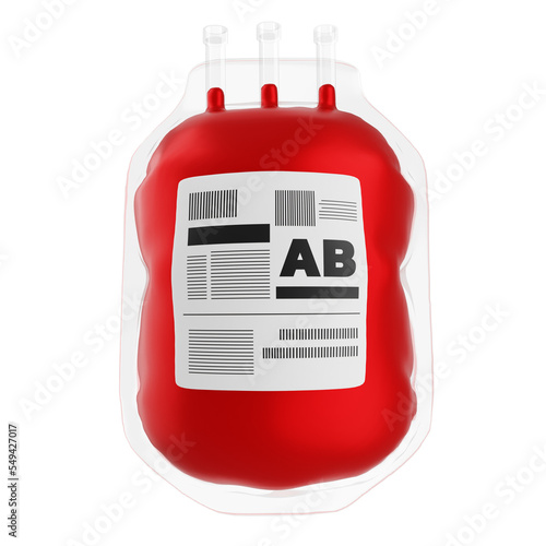 blood bag group AB isolated. blood pack for transfusion, blood donation cartoon concept. 3d illustration PNG file