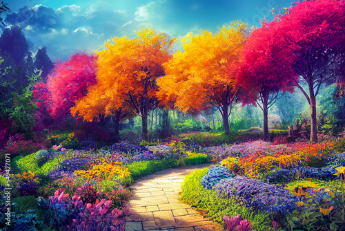 Photo magical garden landscape with flowers and colorful trees generative ai illustrat
