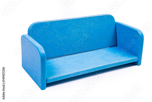 a wooden blue toy chair, a sofa, two chairs with a table, a yellow table, blue upholstered wooden chairs. yellow lamp on isolated white background