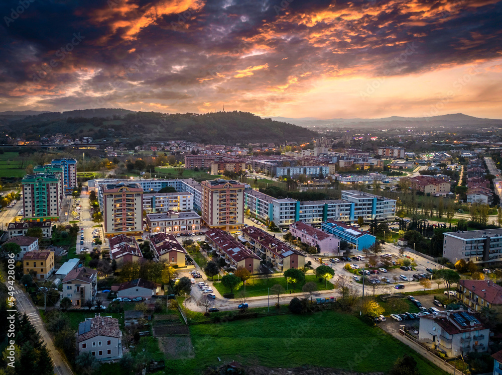 aerial view of the city of Pesaro at sunset in italy