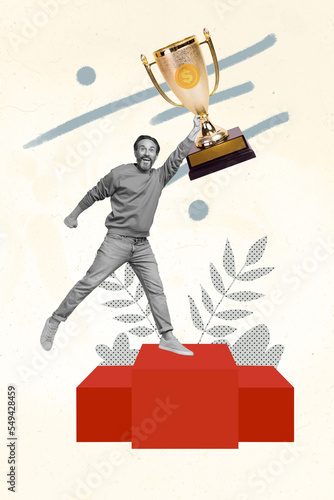 3d retro abstract creative artwork template collage of excited happy man win golden goblet main money prize first place stand pedestal photo