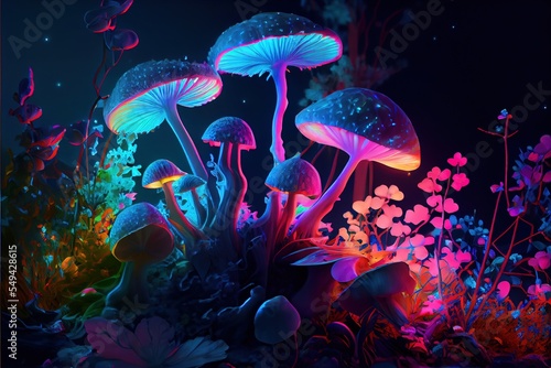 magic mushrooms in forest glowing and shining fanatasy art