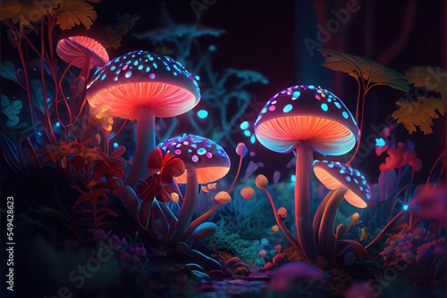 magic mushrooms in forest glowing and shining fanatasy art