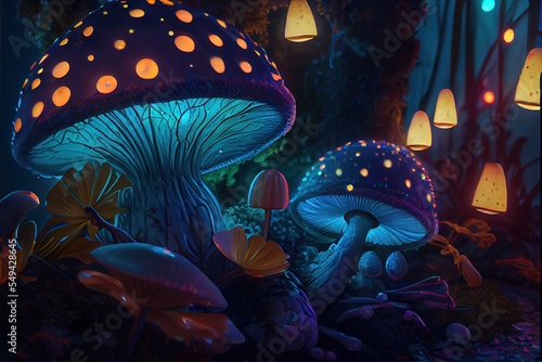 magic mushrooms in forest glowing and shining fanatasy art photo