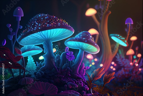 magic mushrooms in forest glowing and shining fanatasy art photo