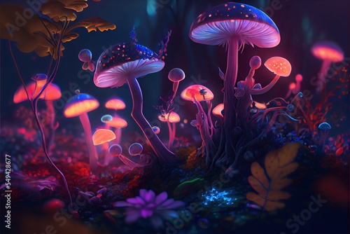 magic mushrooms in forest glowing and shining fanatasy art