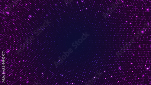 Abstract disco glitter neon uv light space star background. Night bright fluorescent luminous sky banner. Sparkle glowing violette lights trendy poster or cover template with copy space for your text