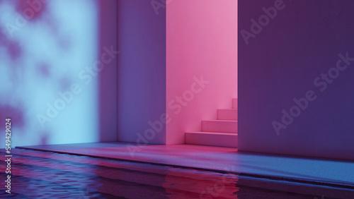 Whole neon room with plaster walls mockup  stairs and water. Surrealistic minimal room with neon light. Product podium presentation. 3d rendering image