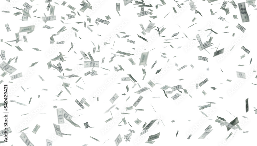 One hundred US dollar bills are falling on transparent background. One hundred US dollar bills are falling on transparent background.