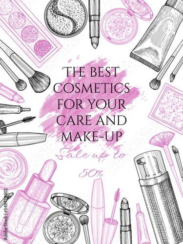 Vector banner template with discounts for skincare and make-up cosmetics in engraving style. Cream, patches, serum, shadows, mascara, lipstick, blush, brushes, powder