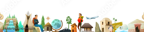 World geography. Seamless bottom border. Cartoon style. Travel items and plants trees of climatic zones. Dwellings of different peoples of countries. Isolated on white background. Vector.