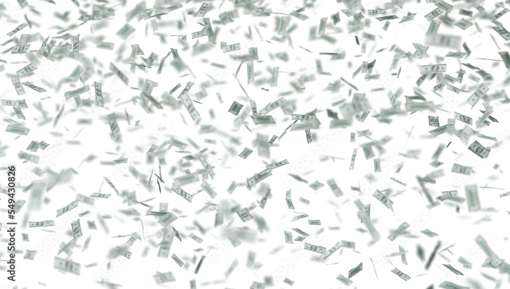 One hundred US dollar bills are falling on transparent background. One hundred US dollar bills are falling on transparent background.