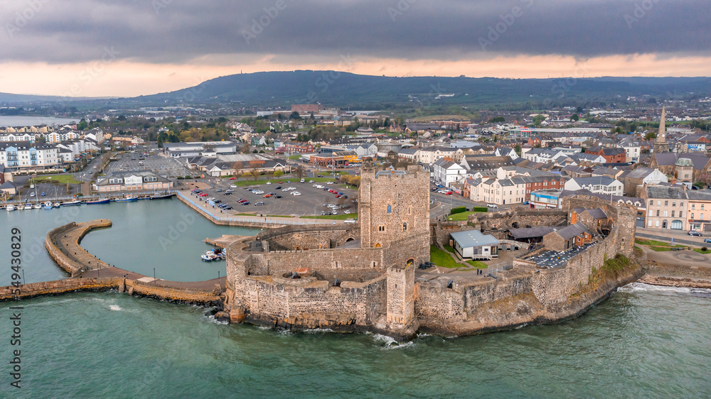 Aerial view with Carrickfergus town and the castle, on East Coast in Northern Ireland UK