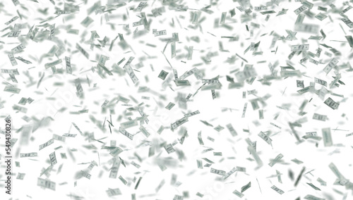 One hundred US dollar bills are falling on transparent background.