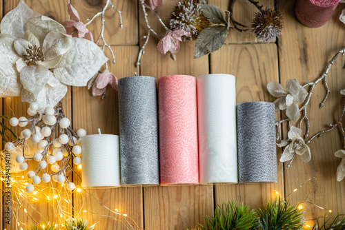 Palm wax candles. Set of candles grey, pink and white. Christmas decorations