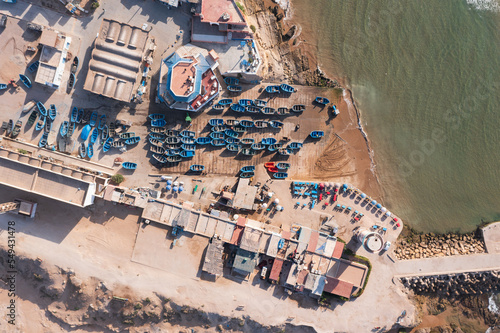 Bird's eye view of fishing boats at the harbor of Imsouane, Morocco, North Africa photo