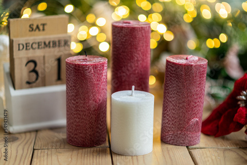 Palm wax candles. Set of candles red and white. Christmas decorations