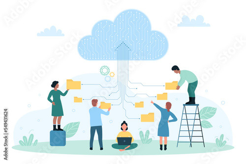 Cloud data storage, network technology vector illustration. Cartoon tiny people holding folders with files to download information to server, characters upload backup of documents and archives