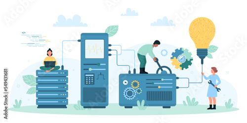 Web development technology vector illustration. Cartoon tiny people develop product with devices and laboratory equipment, light bulb and tools, creative work process of technical support service