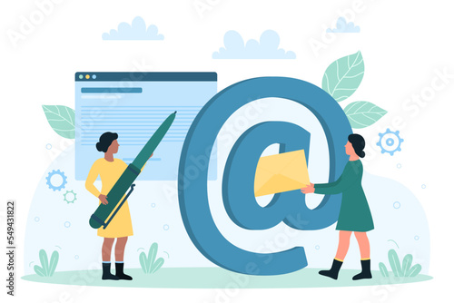 Email letter communication, confirmation message and mail customer support vector illustration. Cartoon tiny people holding pen and email symbol to write text and answer on digital correspondence