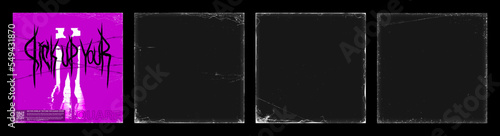 Overlay texture for album cover, cd, vinyl with with old and shabby effect. Square stamps templates set. Different album Overlay Textures with drop ink splashes, damage, old, dust. Vector set
