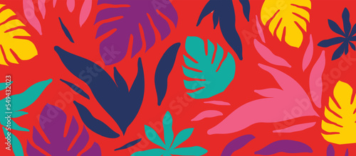 Colorful organic shapes seamless pattern. Cute botanical shapes, random cutouts of tropical leaves and flowers, decorative abstract art vector illustration