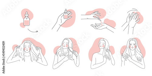 Hair care and treatment set of line icons vector illustration. Hand drawn outline female model with long hair doing scalp massage and combing, rub natural oil or serum product for haircare with comb