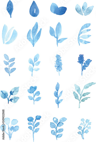 Set of Blue watercolor floral elements isolated on white background. Loose watercolor technique.