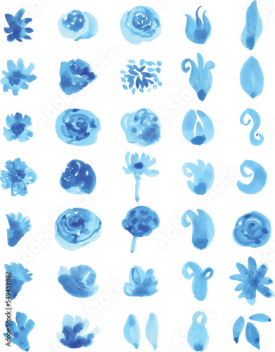 Set of Blue watercolor floral elements isolated on white background. Loose watercolor technique.