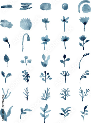 Set of Blue watercolor floral elements isolated on white background. Loose watercolor technique.