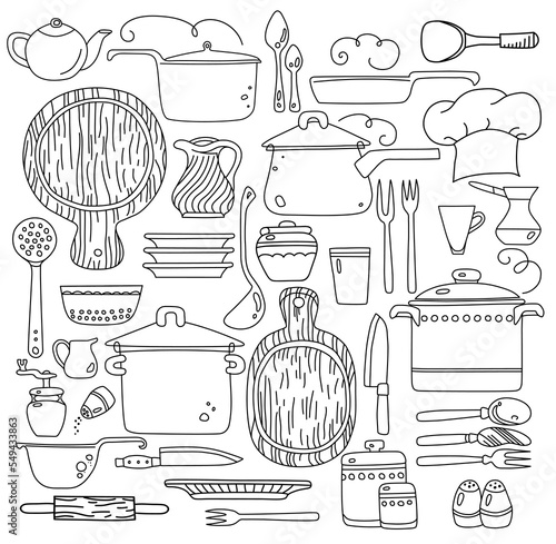 Vector set of kitchen tools. Hand drawn items for cooking.