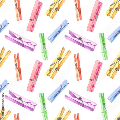 фотографія Watercolor silhouettes of clothespins isolated multicolored seamless pattern