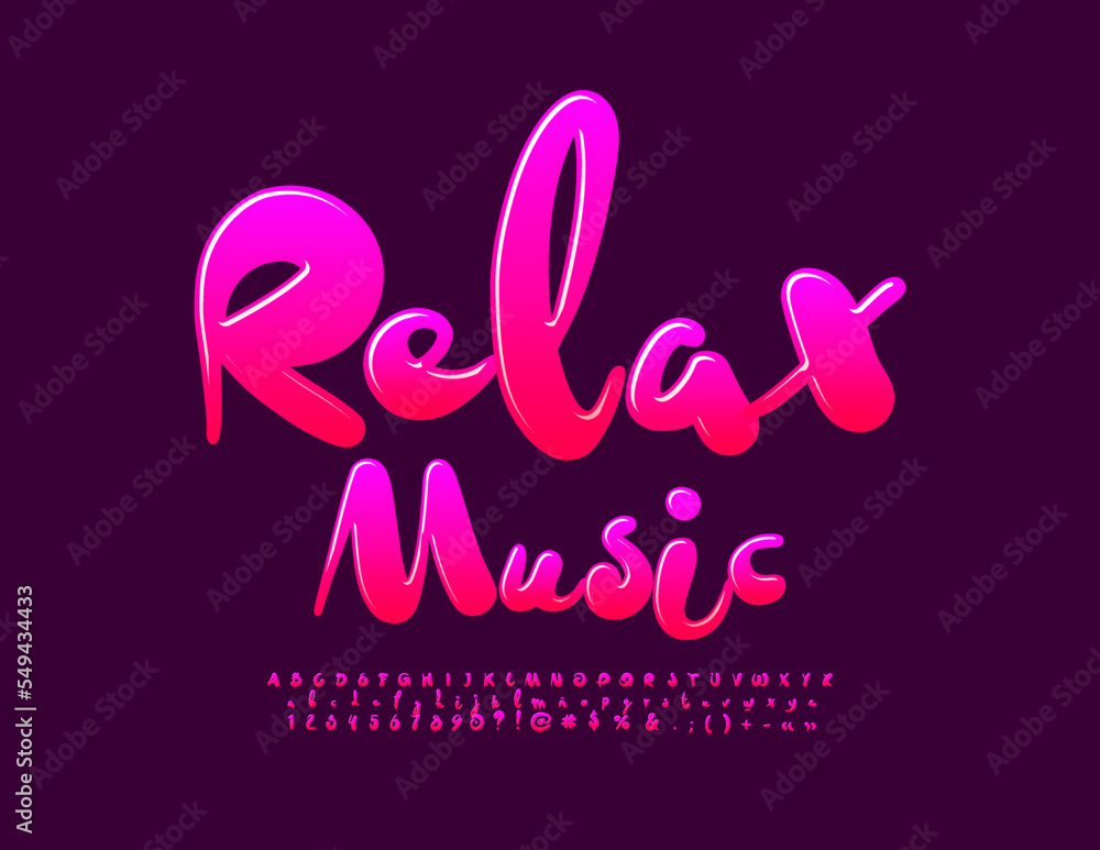 Vector playful emblem Relax Music. Pink glossy Font. Artistic Alphabet Letters and Numbers set