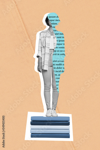 Photography Collage photo poster of young lady student stay pile non fiction literature book