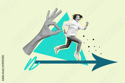 Creative collage picture of big arm fingers black white gamma demonstrate okey symbol mini girl running arrow indicator isolated on painted background