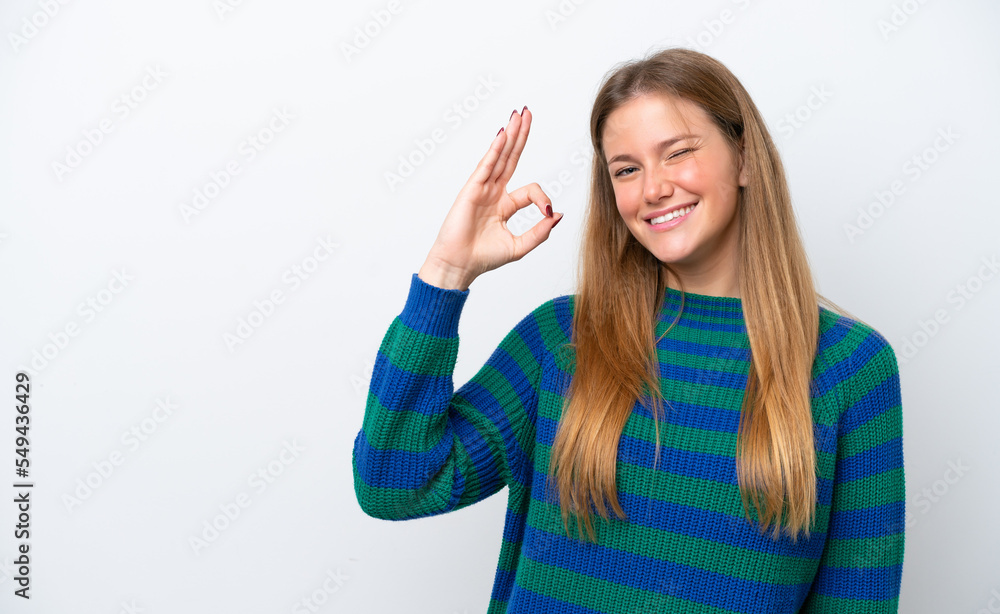 Young caucasian woman isolated on white background showing ok sign with fingers Young caucasian woman isolated on white background showing ok sign with fingers