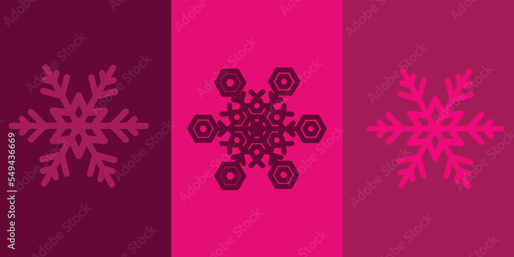 Vector illustration of snowflakes with different colors on different colored background. Christmas concept template design  with purple and pink as the color pallet.