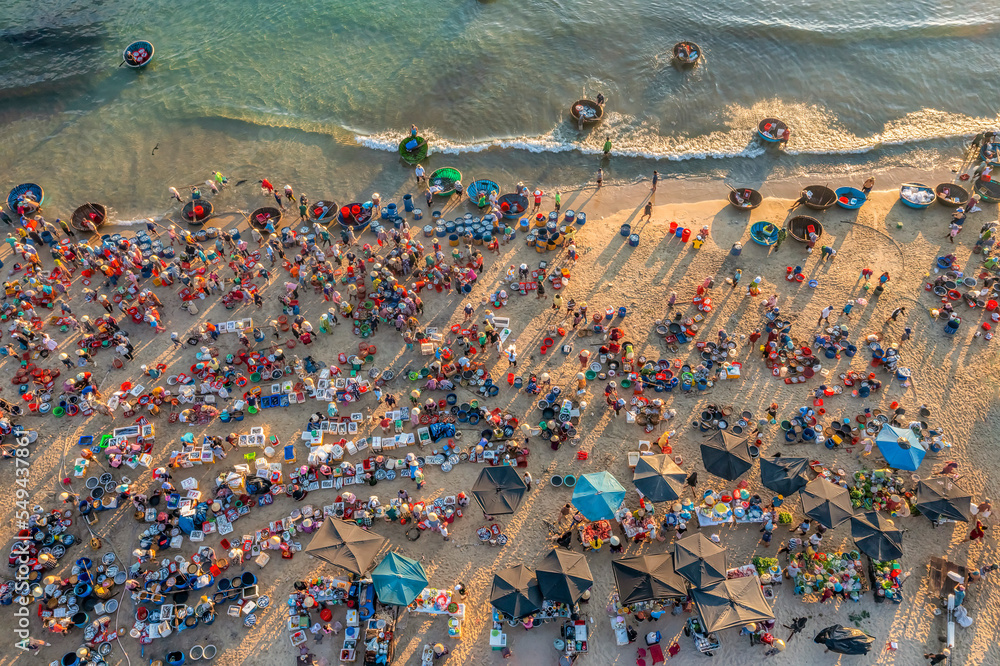 Aerial view of Tam Tien beach and fish market, Tam Ky, Quang Nam, Vietnam. Near Hoi An ancient town