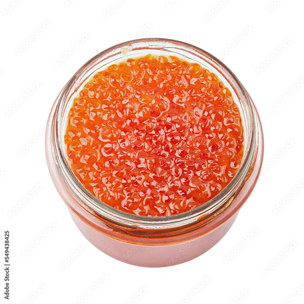 Salmon red caviar jar isolated on white background. Raw seafood. Luxury delicacy food. File contains clipping path. Salmon red caviar jar isolated on white background. Raw seafood. Luxury delicacy food. File contains clipping path.