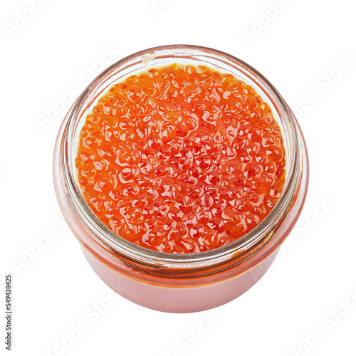 Salmon red caviar jar isolated on white background.  Raw seafood. Luxury delicacy food. File contains clipping path.