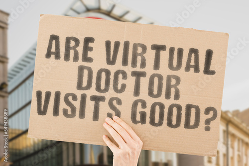 Wallpaper Mural The question " Are virtual doctor visits good? " is on a banner in men's hands with blurred background. Illness. Payment. Record. Wages. Check-up. Assessment. Claim. Credit. Document. Paying Torontodigital.ca