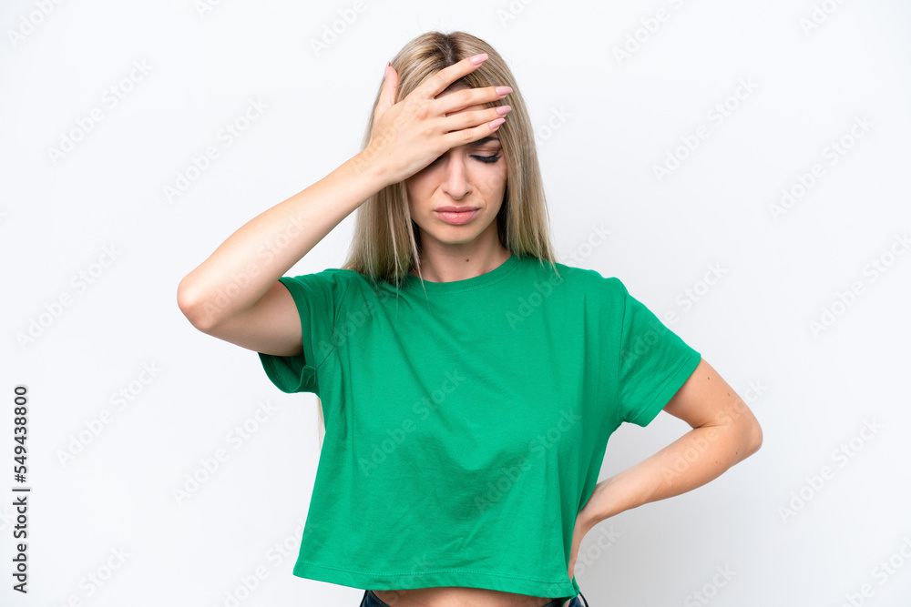Pretty blonde woman isolated on white background with headache Pretty blonde woman isolated on white background with headache