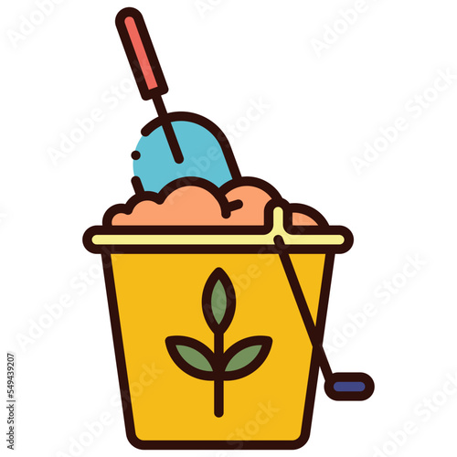 soil in yellow bucket with hand shovel illustration